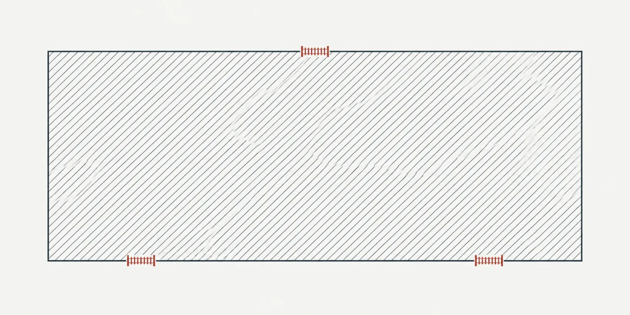 Plan au trait d’une zone rectangulaire hachurée, fermée par un trait continu et percée de trois passages barrés en rouge brique