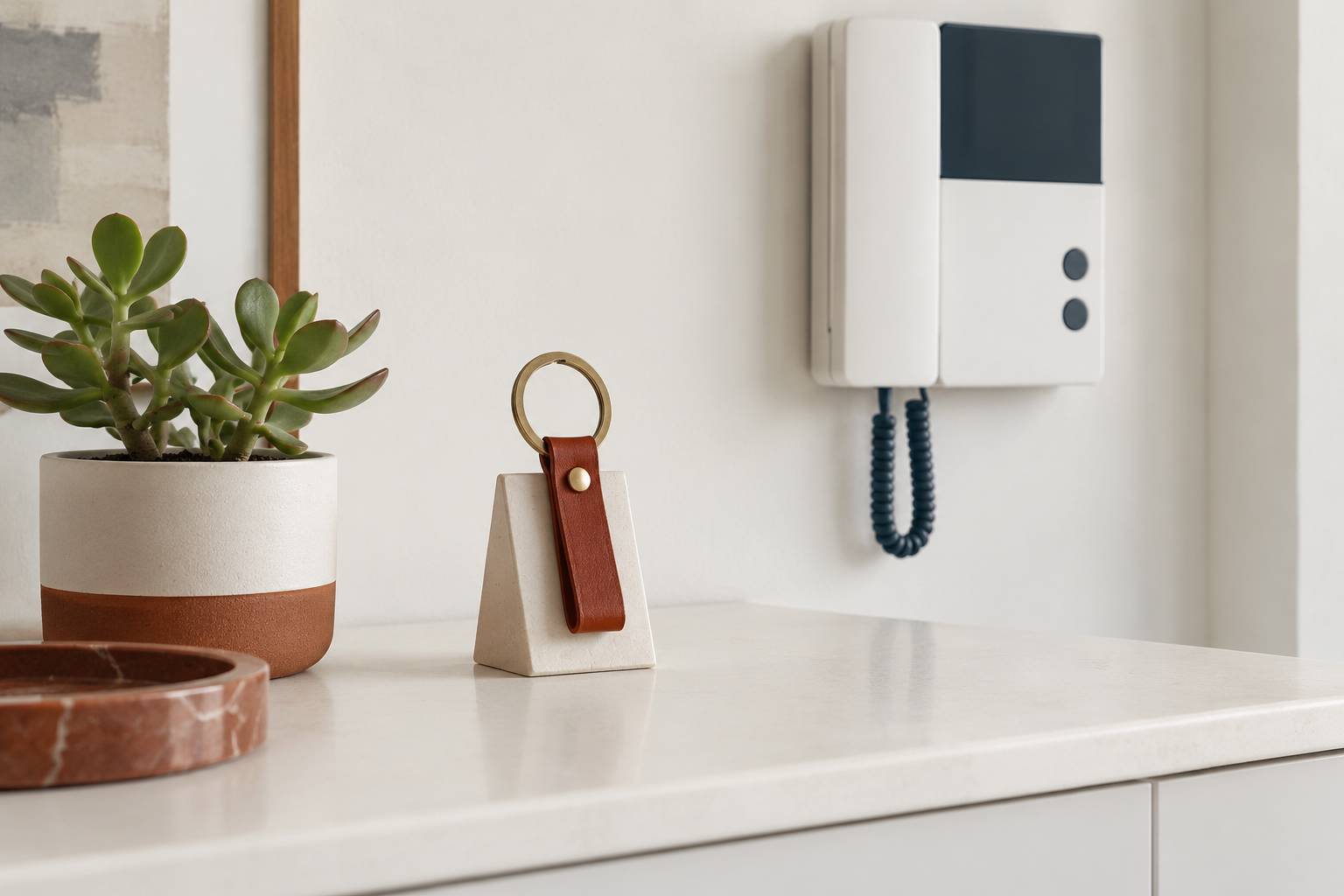 Porte-cles sur chevalet et interphone poses sur un comptoir clair