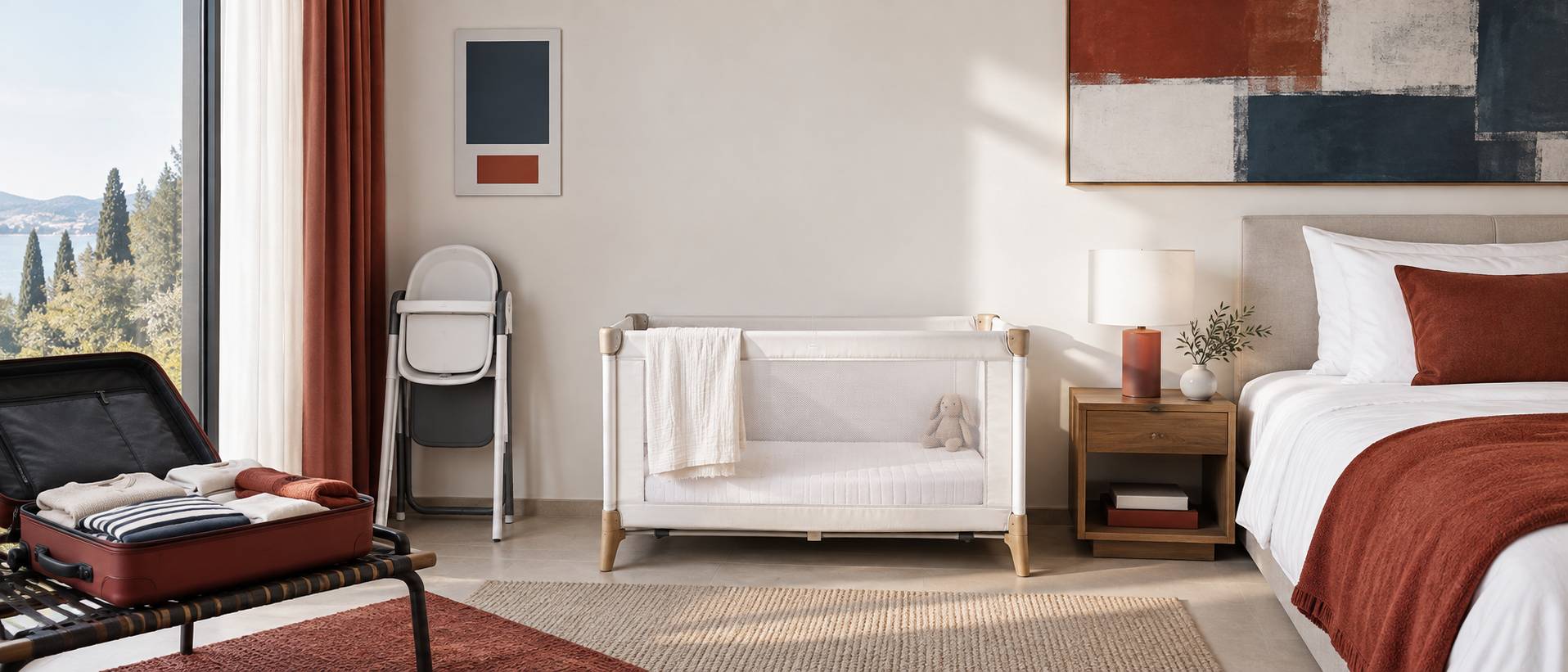Lit bébé et chaise haute installés dans une chambre sobre et lumineuse