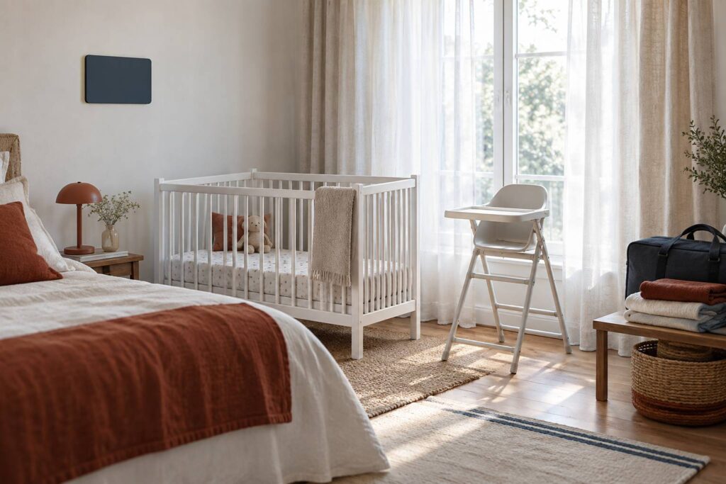 Lit bébé et chaise haute installés dans une chambre sobre et lumineuse