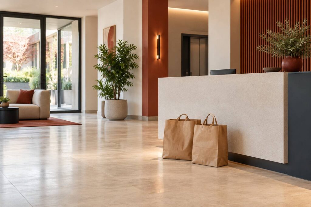 Sacs de courses en papier poses dans un hall d'entree de residence sobre