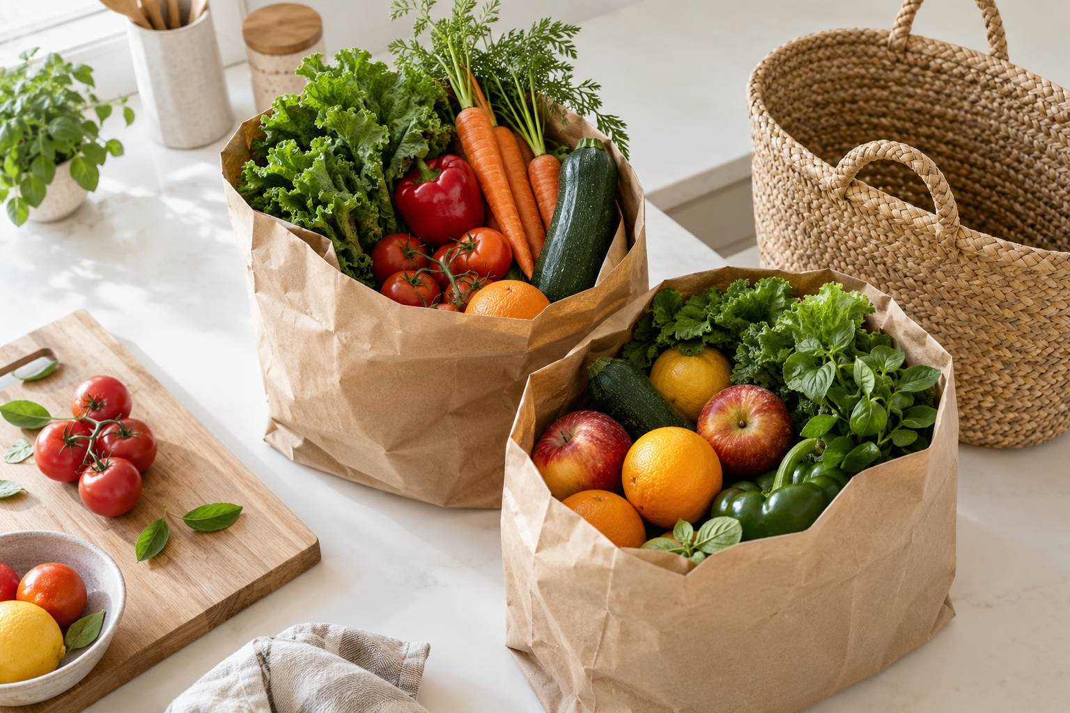 Fruits et legumes frais sortis de sacs en papier sur un plan de travail