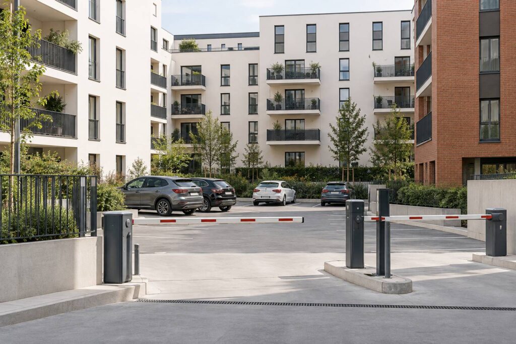 Cour de residence avec places de stationnement delimitees et barrieres