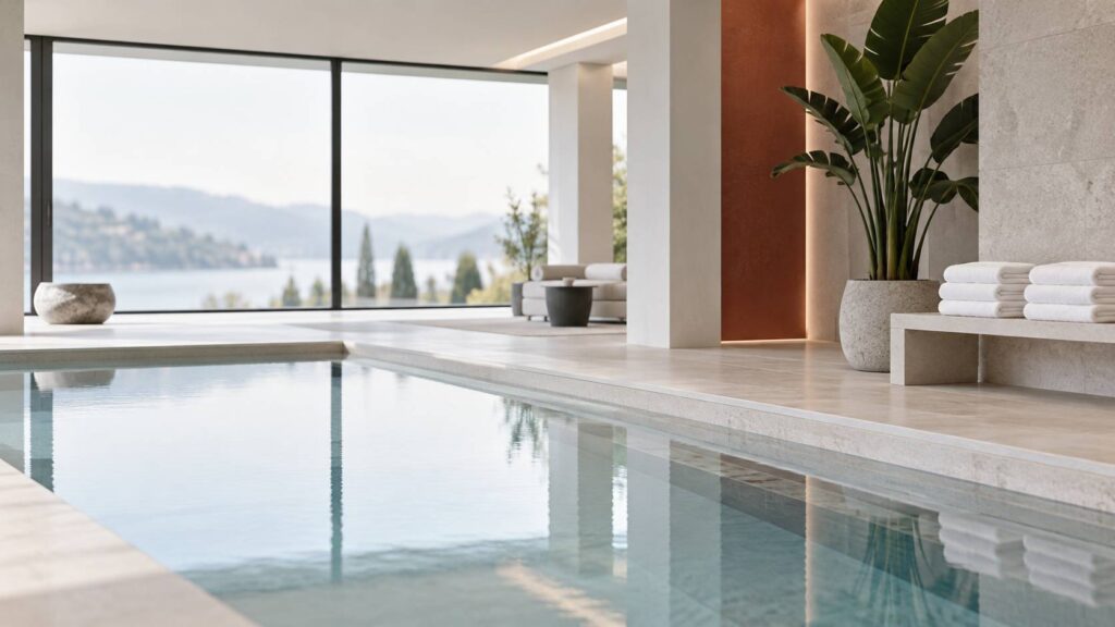 Espace bien-etre de residence avec bassin de detente et serviettes pliees