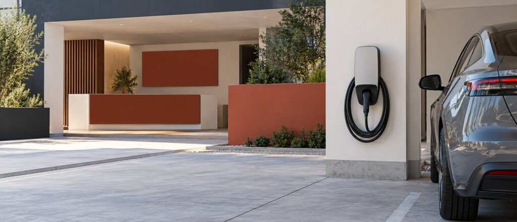 Borne de recharge murale neutre avec câble enroulé sur un parking de résidence
