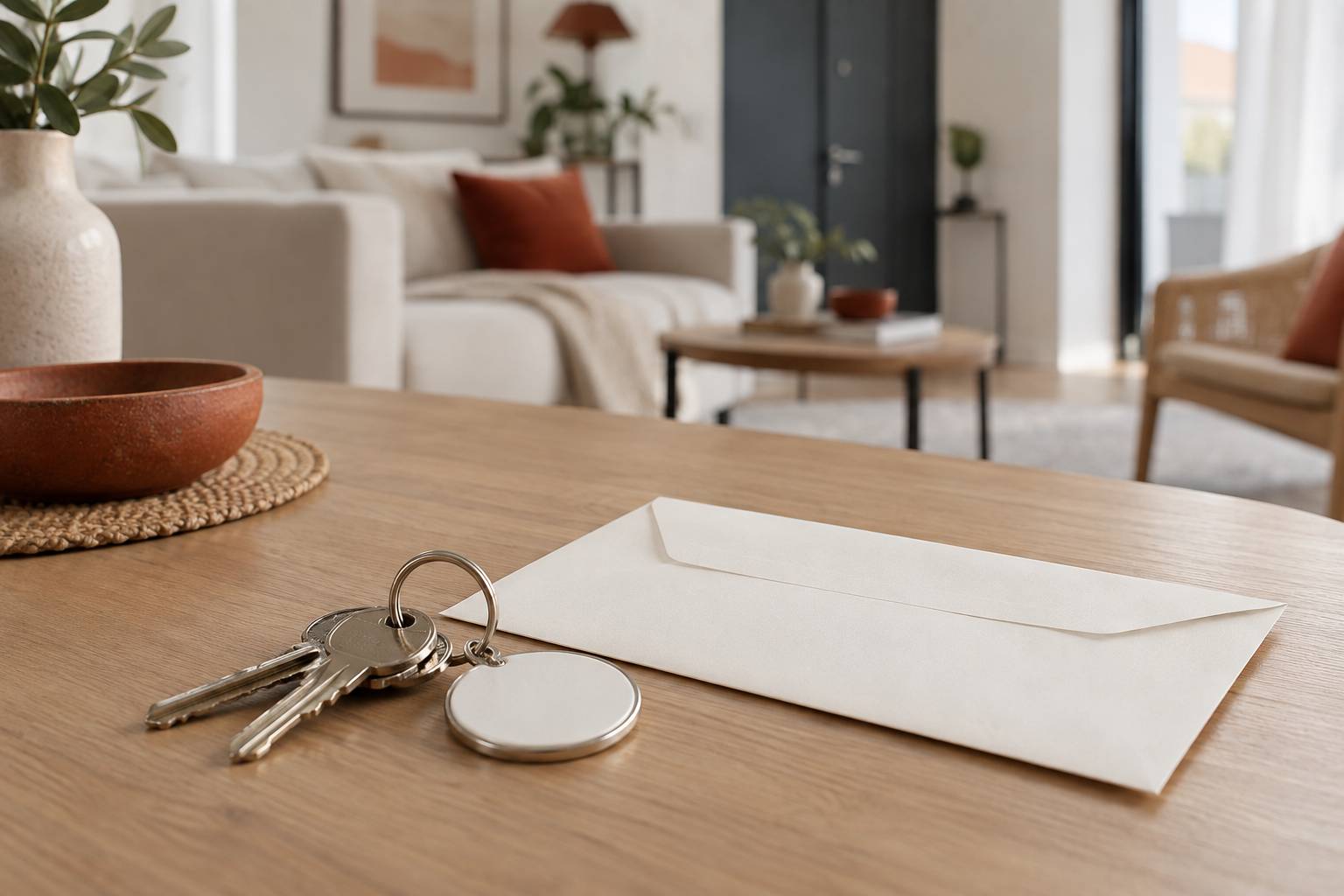 Jeu de cles et badge neutre poses sur une table d'appartement