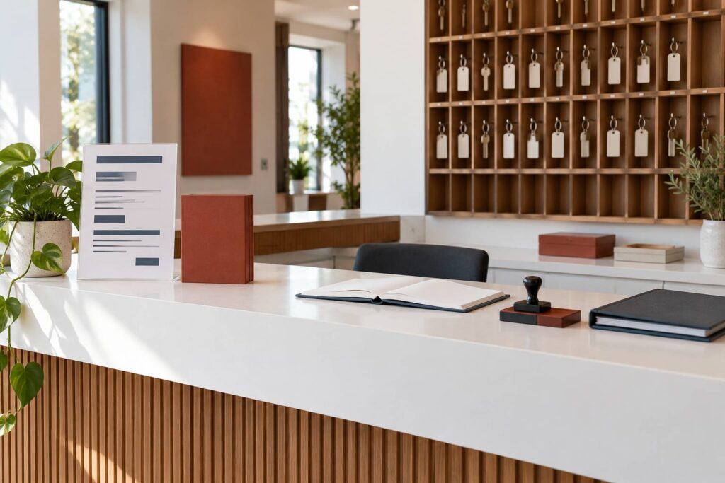 Bureau d'accueil avec clés accrochées, plaquette vierge, tampon encreur et dossier