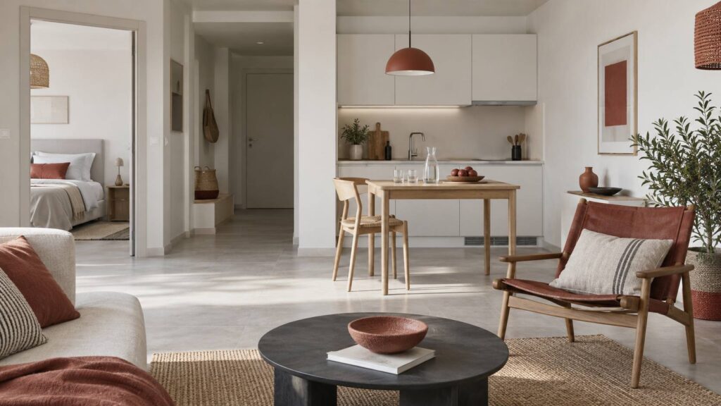 Intérieur sobre de résidence de tourisme avec kitchenette claire et table dressée