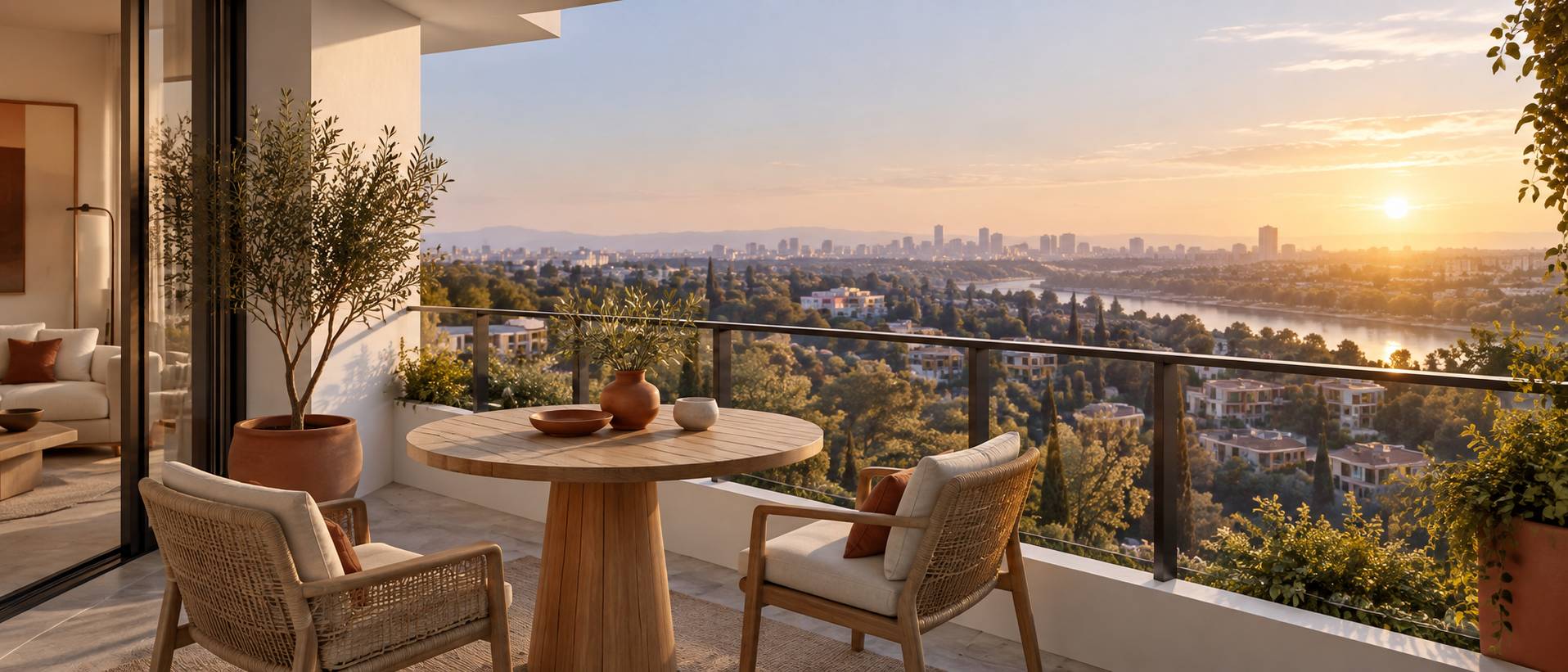Balcon d'appartement de residence avec table et chaises face a un paysage flou