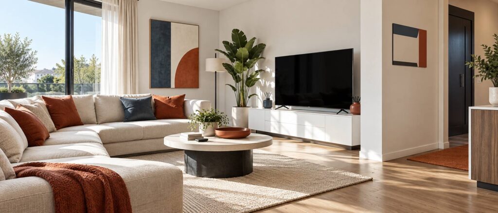 Téléviseur éteint sur un meuble bas avec télécommande et canapé dans un salon