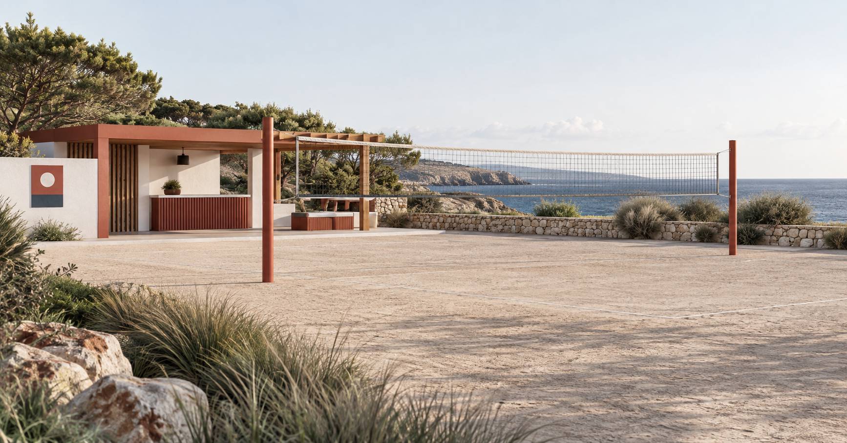 Espace sportif de residence avec poteaux et filet sous le soleil